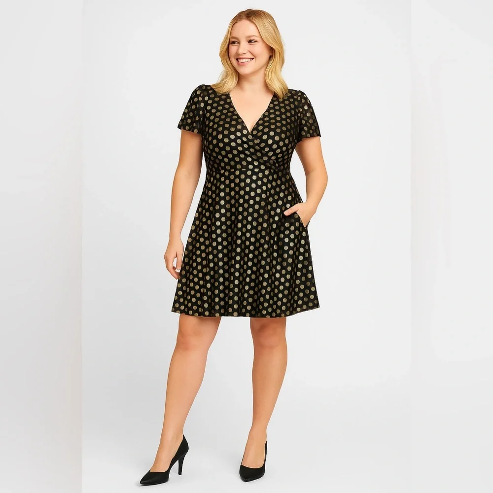 Torrid Black Polkadot Gold Flutter Sleeve Mini Dress, Large, NWT! - Picture 9 of 16
